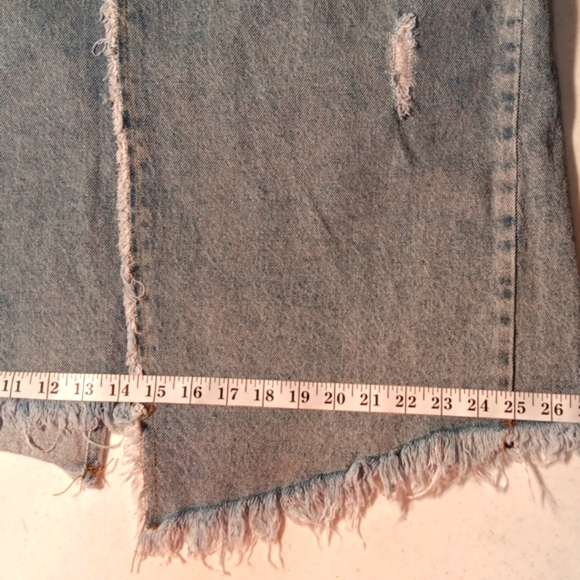 Asymmetrical Denim Skirt Midi Distressed High Waist Light Wash Blue 1X Back Slit - Picture 6 of 6